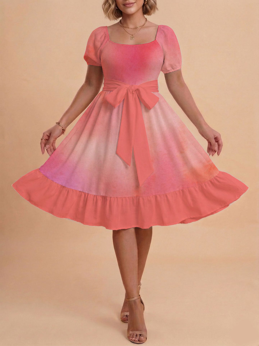 Damen Retro Maxikleid mit Puffärmeln und Taillengürtel Skjora