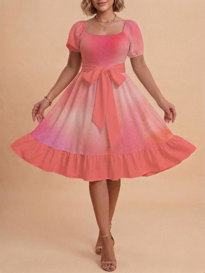 Damen Retro Maxikleid mit Puffärmeln und Taillengürtel Skjora