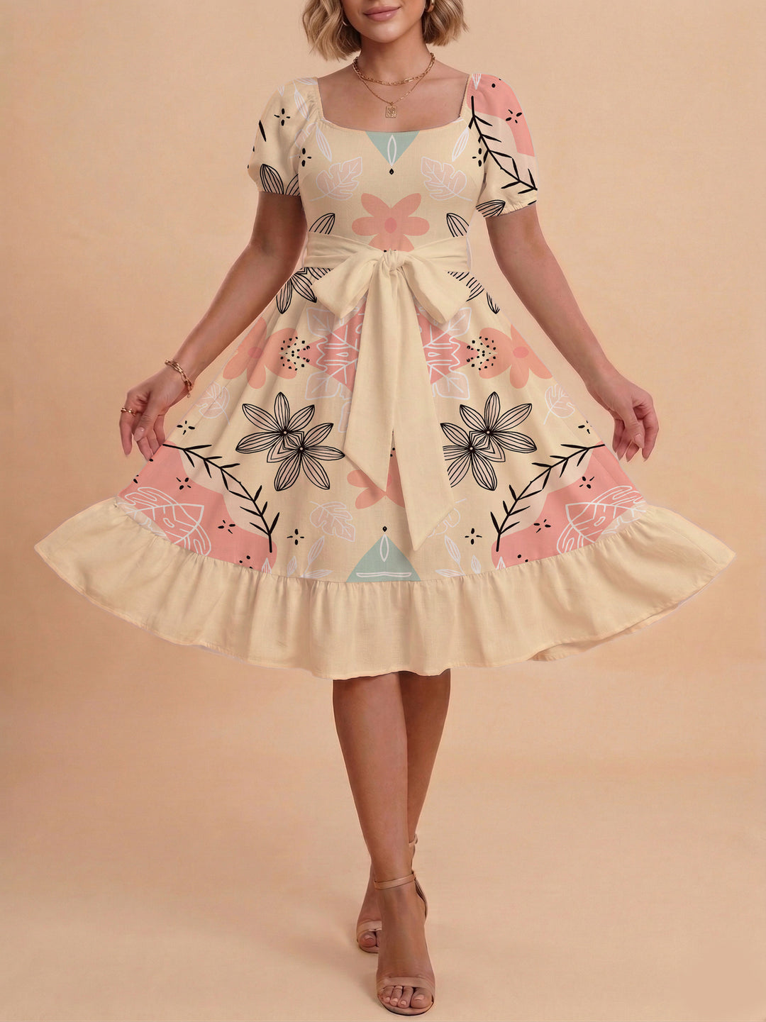 Damen Sommerkleid mit floralem Puffärmel und taillierbarem Gürtel Skjora