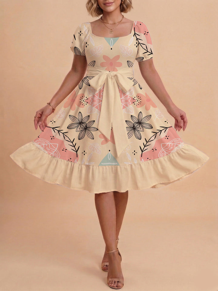 Damen Sommerkleid mit floralem Puffärmel und taillierbarem Gürtel Skjora