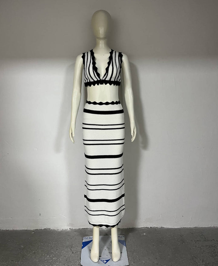Dame strikket Crop-Top og Maxi-nederdel Sett Skjora