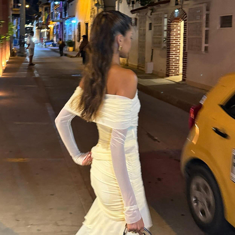 Dame Off-Shoulder Maxikjole med Volangdesign og figursydd snitt Skjora