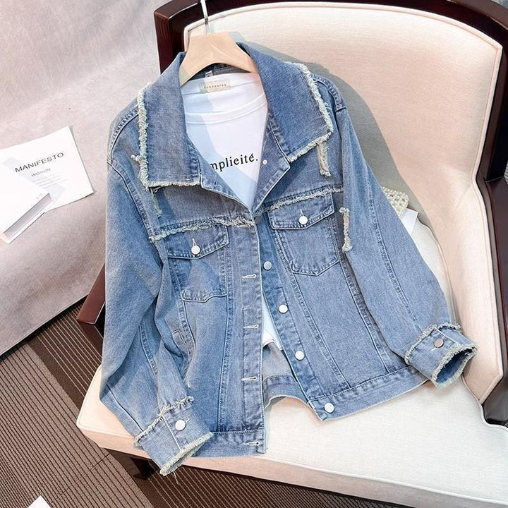 Dame moteriktige denimjakke med frynse detaljer Skjora