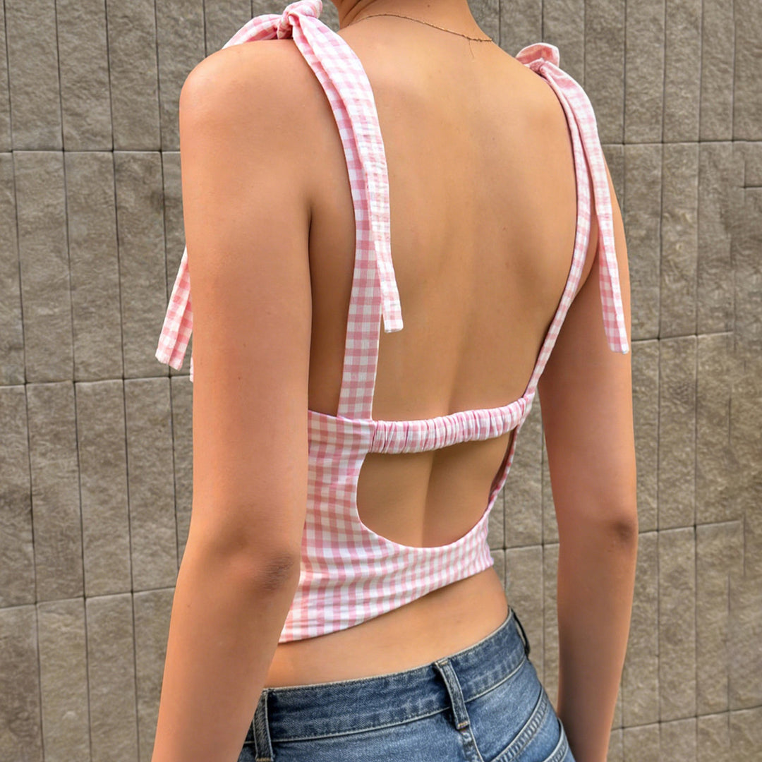 Dame Gingham Crop-Topp med søte sløyfedetaljer Skjora