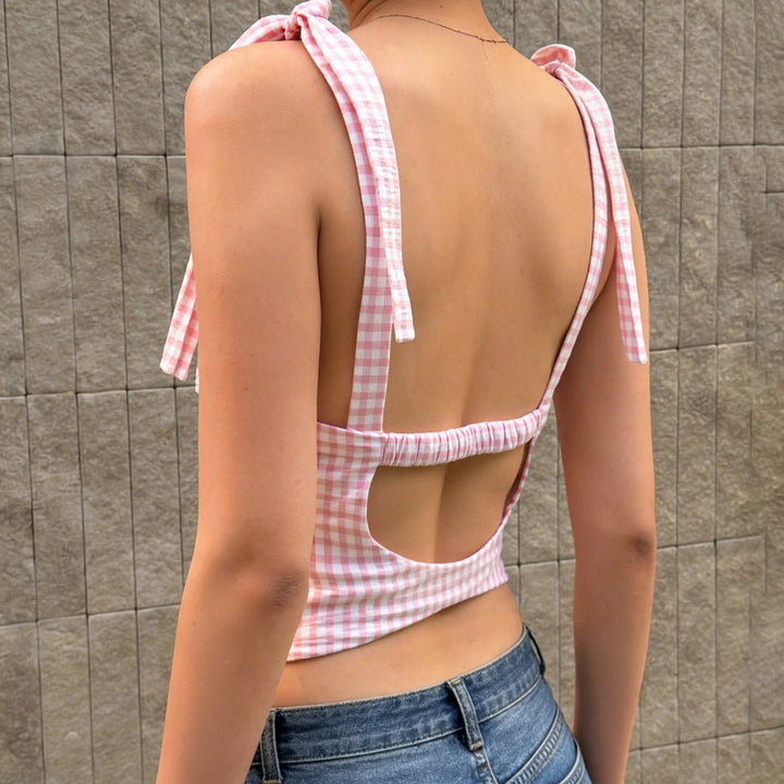 Dame Gingham Crop-Topp med søte sløyfedetaljer Skjora