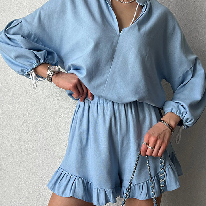 Kvinner Elegant og Casual Korte Ermer Sett med Volang Detaljer Heidi Mote