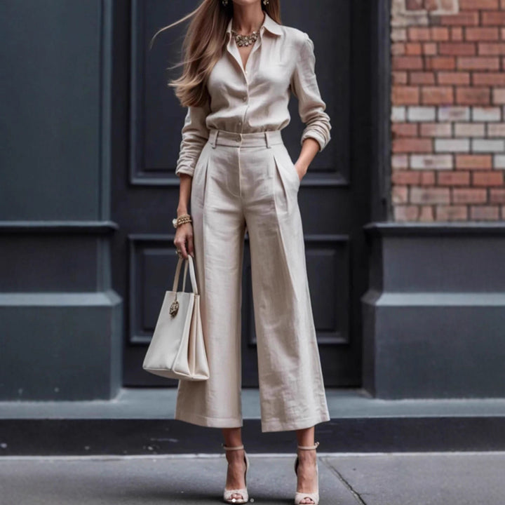Kvinnes Elegant Lin Dress med Skreddersydd Bluse og Brede Bukser Skjora