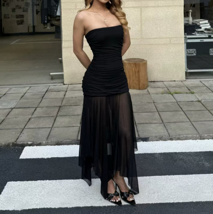 Dame Bandeau Maxikjole med elegant rynking og gjennomsiktig skjørt Skjora
