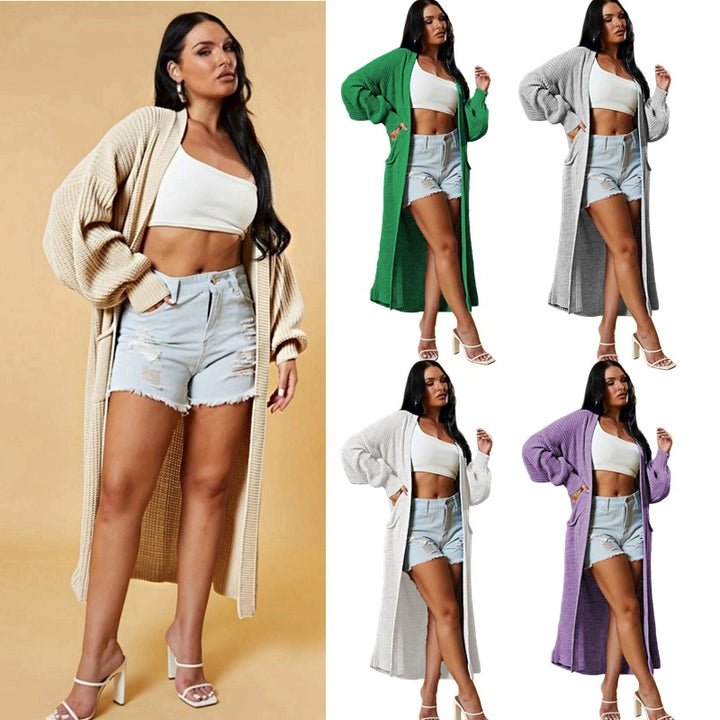 Kvinnes lang strikket cardigan med åpen design og praktiske lommer Skjora