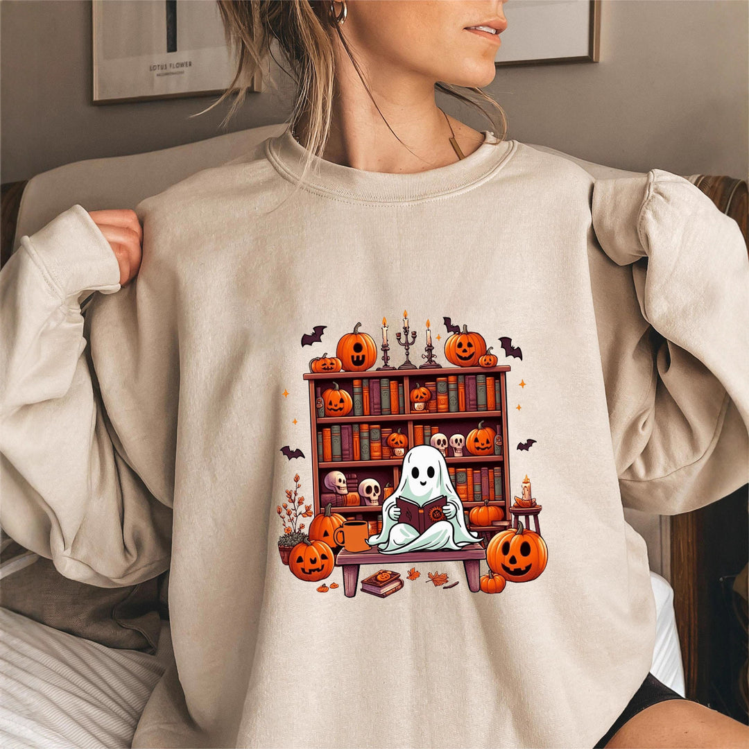 Dame sweatshirt med høstlig skremmende motiv og avslappede puffermarmer Skjora