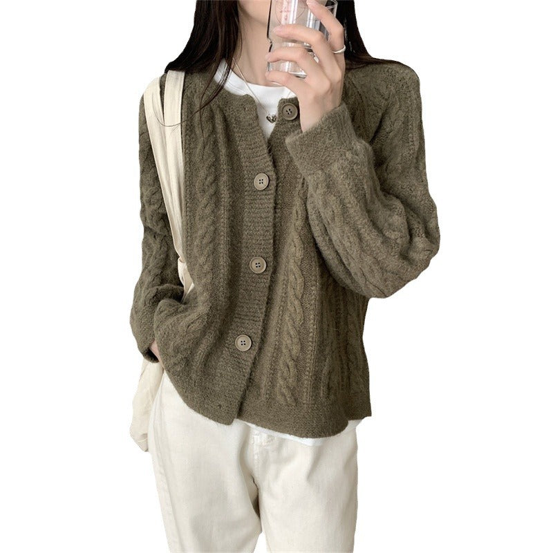 Damer chunky strikk cardigan med kabelmønster og vide ermer Skjora