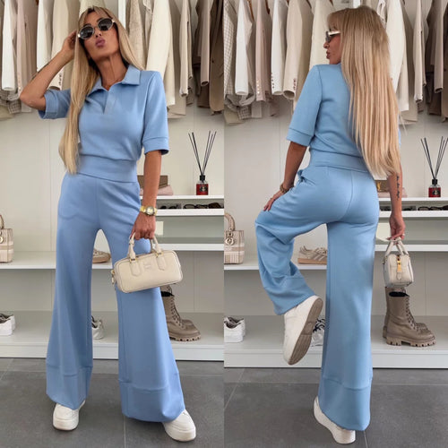 Kvinnemers elegant polo topp og vide bukser sett Skjora