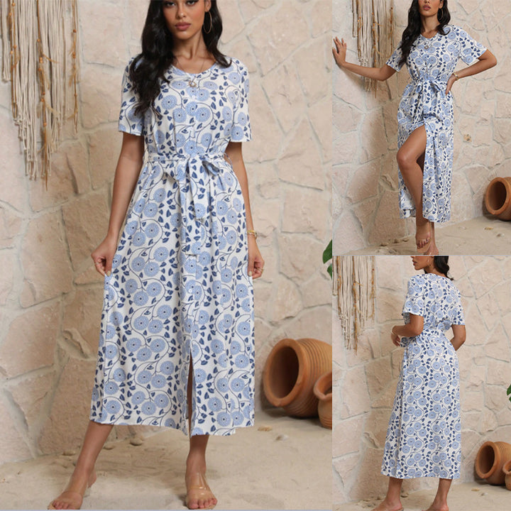 Women's Long-Sleeve Maxi Dress with Floral Design and Elegant Tie Belt Skjora