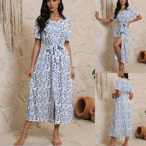 Women's Long-Sleeve Maxi Dress with Floral Design and Elegant Tie Belt Skjora