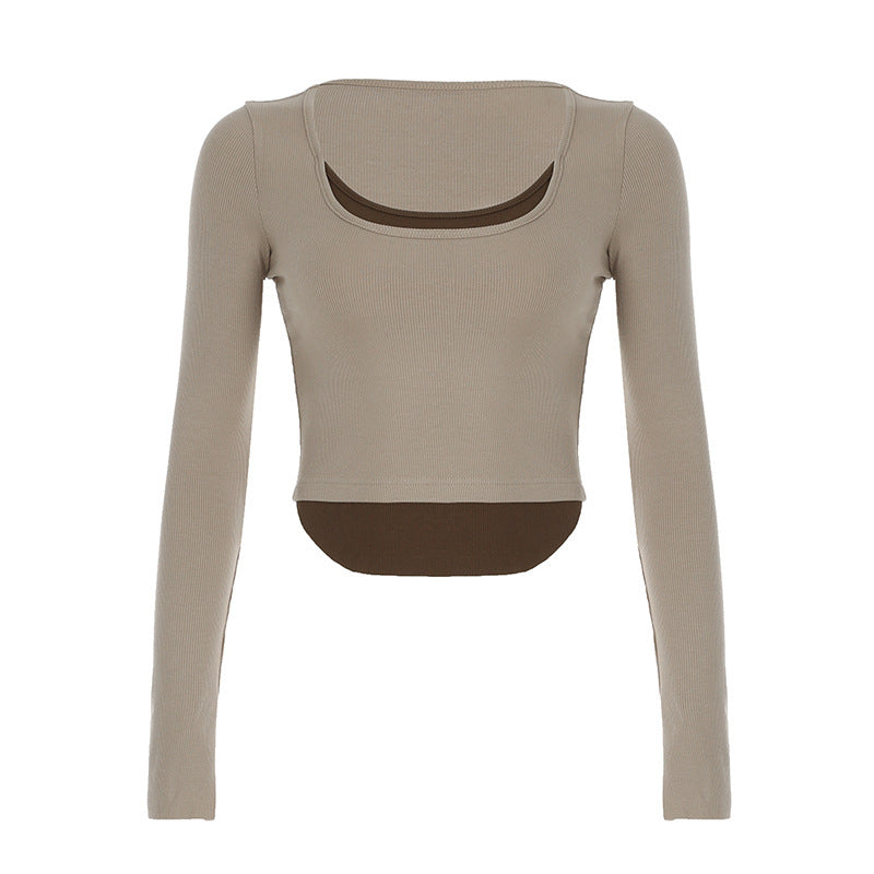 Dame Langarm Crop-Top med dobbelt U-båt-utskjæring og raffinert design Skjora
