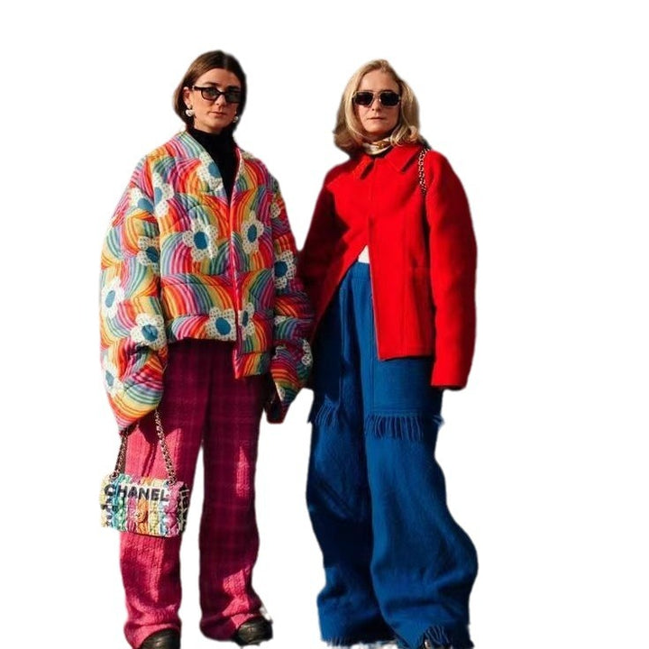 Damer Cozy Quiltet Jakke med Fargerik Design og Voluminøse Ermer Skjora