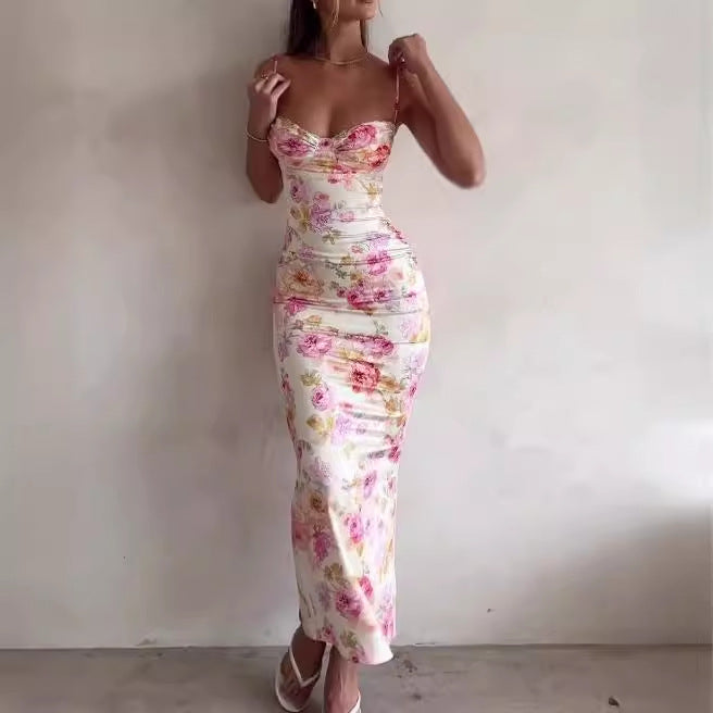 Dame Elegant Sommer Maxi Kjole med Blomsterdesign og Slim Fit