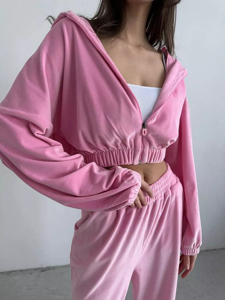 Kvinne sporty velour jakke med elastisk midje og stor krage Skjora