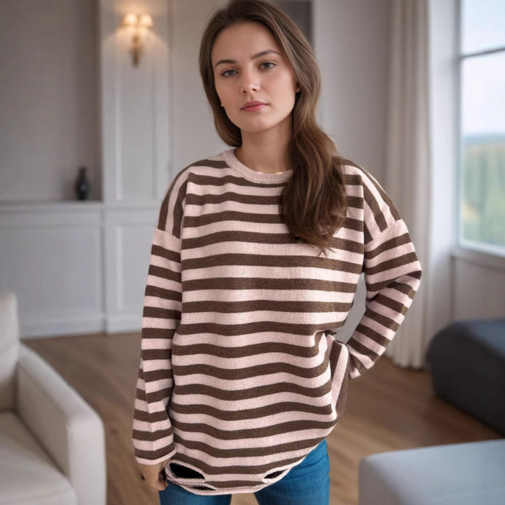 Dame strikket oversized genser med avslappet stripemønster Skjora
