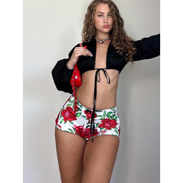 Dame Push-Up Shorts med blomstermønster og elastisk linning Skjora