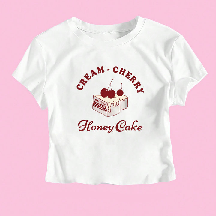 Dame Crop-T-skjorte med kreativ dessertmotiv og moderne snitt Skjora