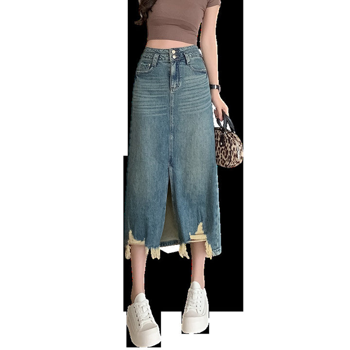 Kvinne Lang Denim Skjørt med Sidesplit og Slitt Kant Skjora