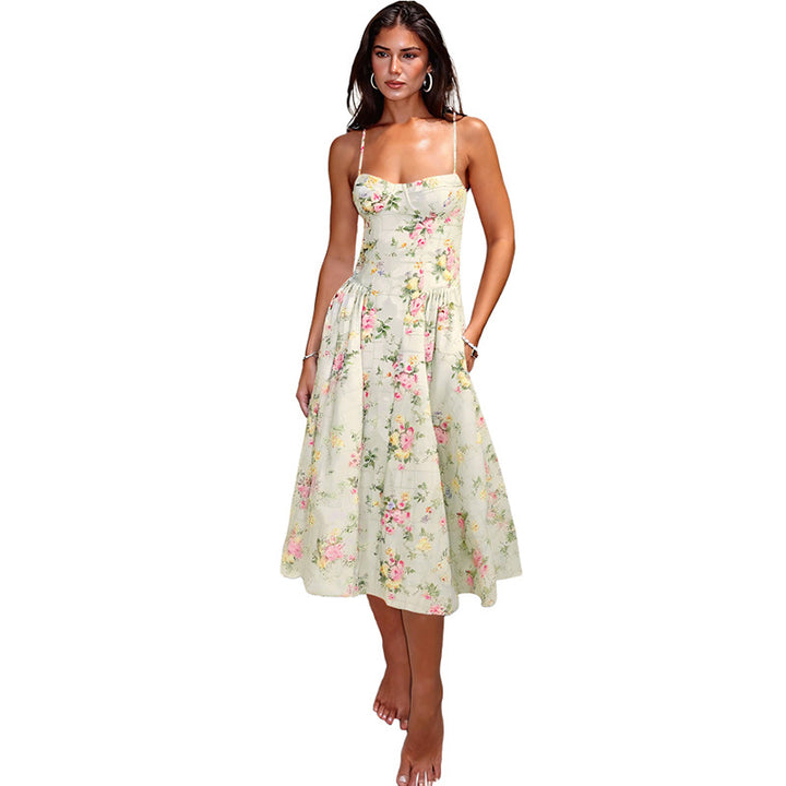 Dame Blomsterdesign Midi-Kjole med Spaghetti-stropper og flowy Skjørt Skjora