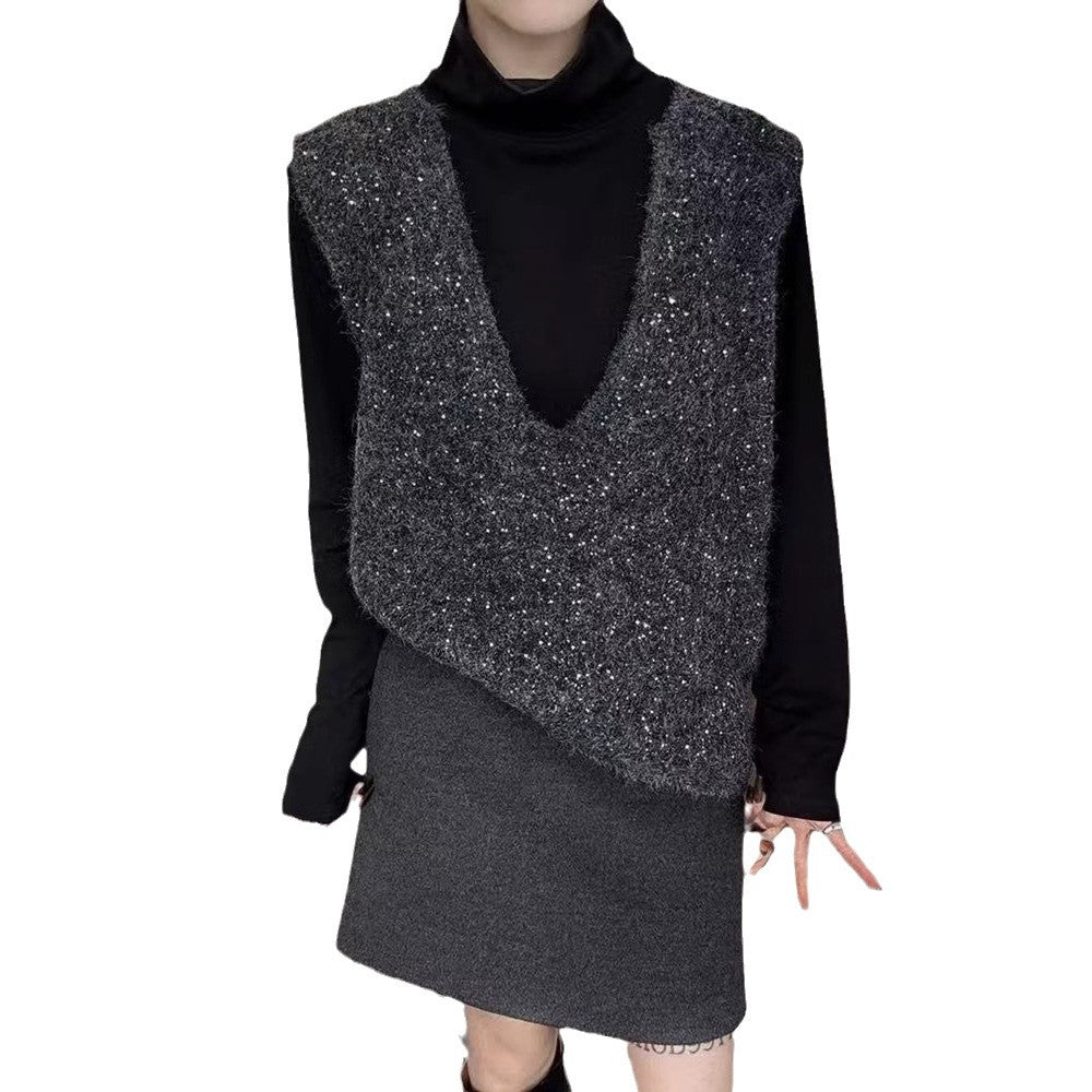 Kvinnenes fashionable strikket vest med dyp V-hals og kreativ kutt Skjora