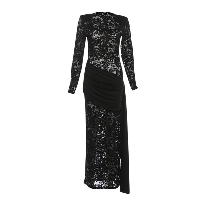 Dame Elegant spisskjole med lang arm og raffinert drapering Skjora