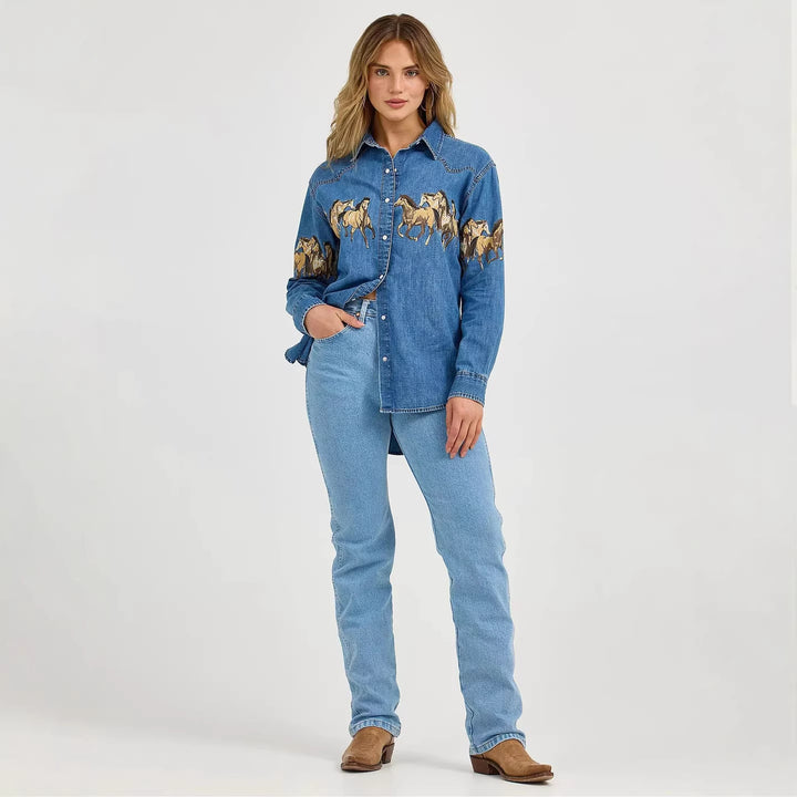 Dames denim skjorte med kreativ hestedesign og høy kvalitet bomullsblanding Skjora