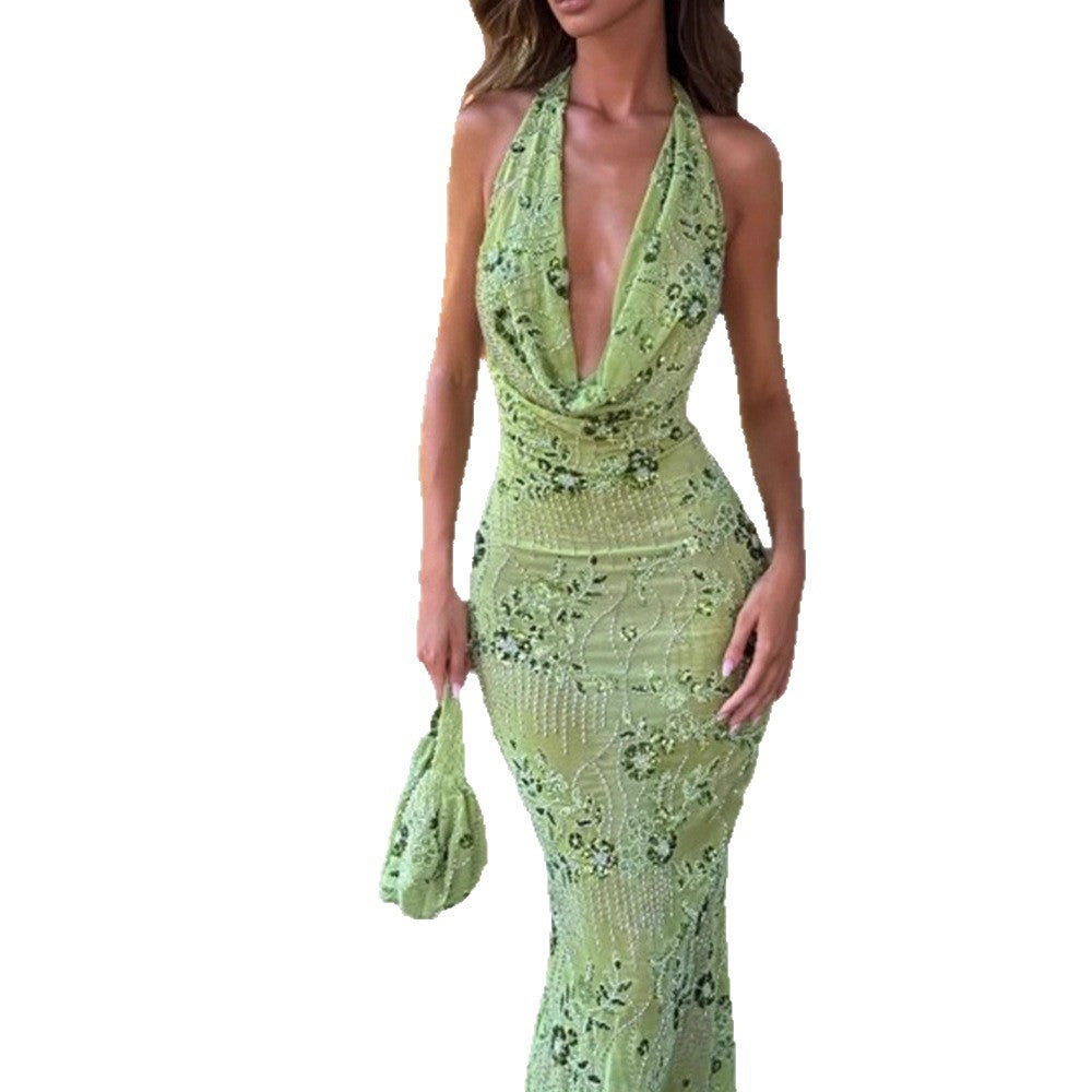 Kvinnes Elegant Maxi Kjole med Sofistikert Drapering Design og Blomster Mønster