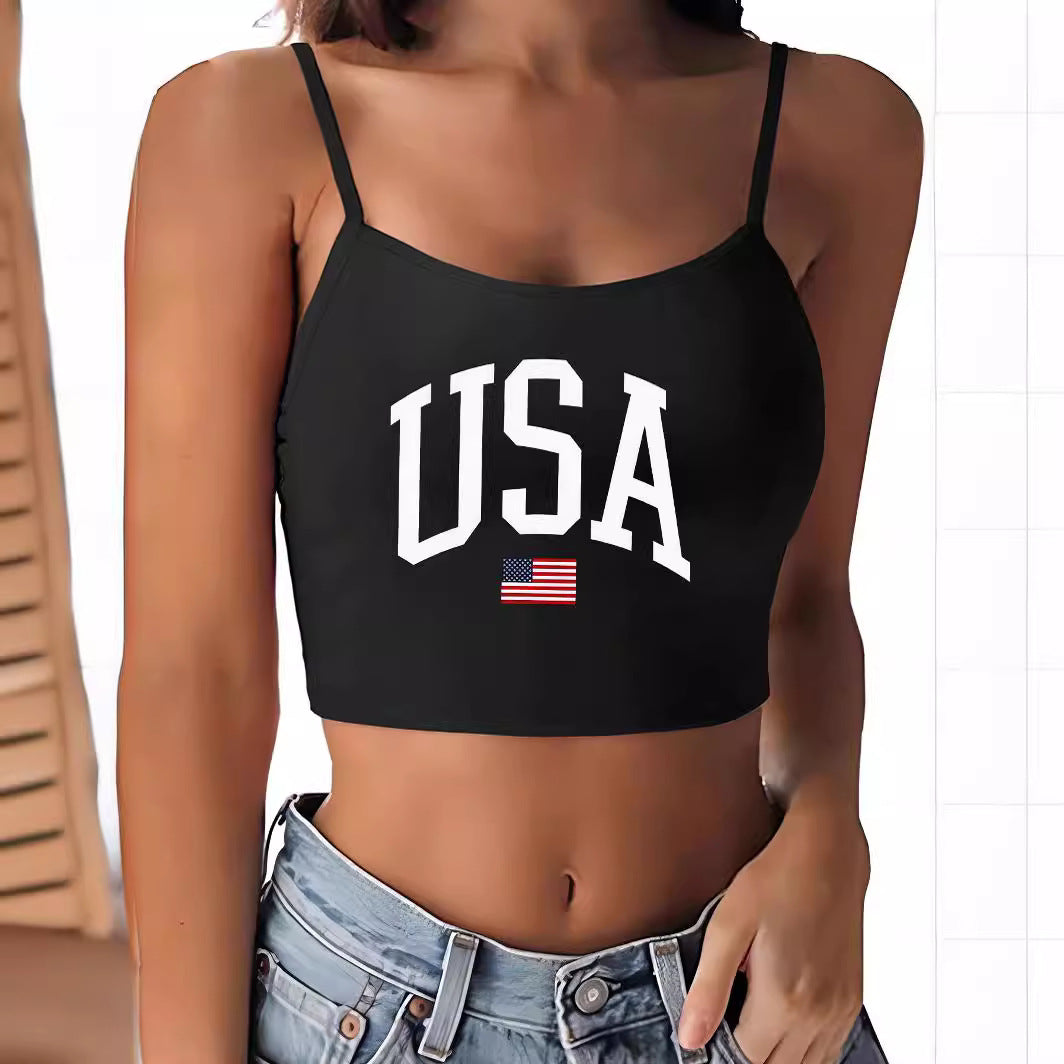 Dame Crop-Top med motiverende statementtrykk og tynne spaghetti-stropper Skjora