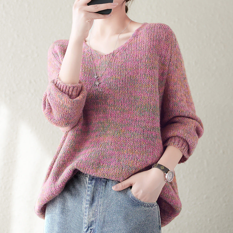 Kvinnes chunky strikkegenser med V-hals og avslappet oversized passform Skjora