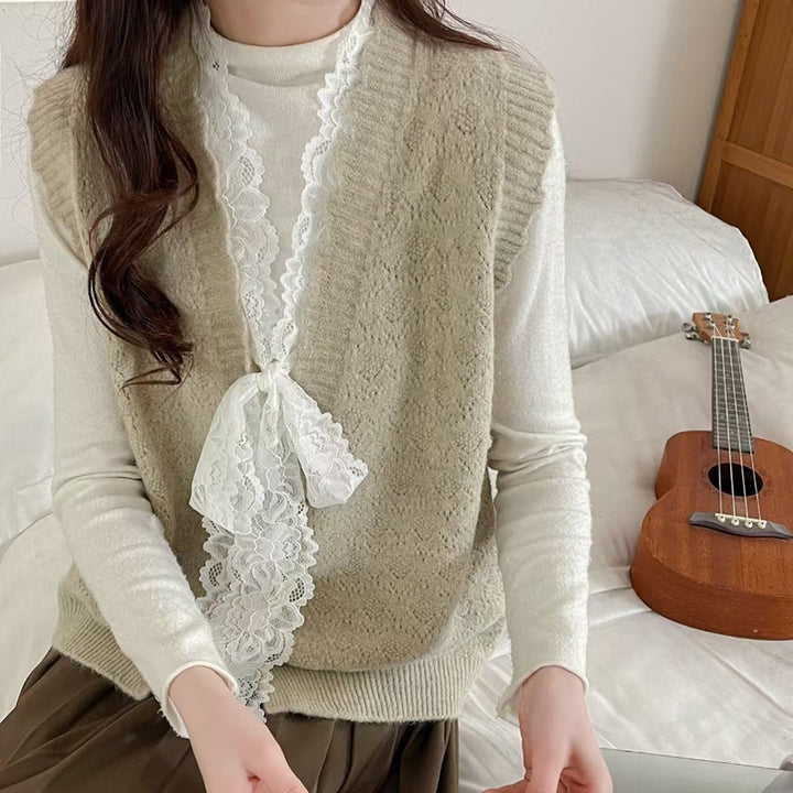 Damer Elegant Strikket Vest med Volangdetaljer Skjora