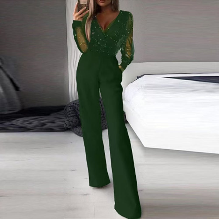 Damer Elegant Jumpsuit med gjennomsiktige ermer og gnistrende detaljer Skjora