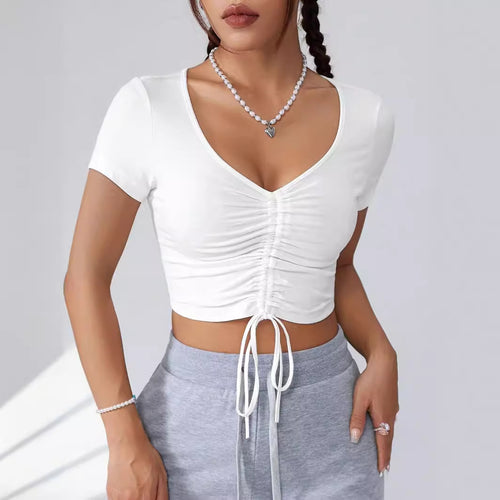 Dame Cropped Top med raffinerte volanger detaljer og snøring Skjora
