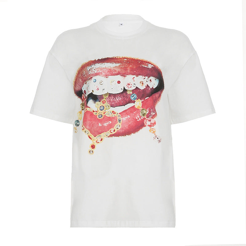 Dame casual T-skjorte med glitrende krossdesign og romslig U-hals Skjora