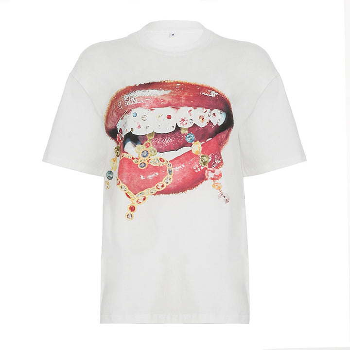 Dame casual T-skjorte med glitrende krossdesign og romslig U-hals Skjora