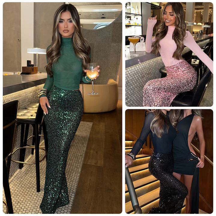 Kvinnenes glamorøse paljett maxikjole med tettsittende liv og elegant snitt