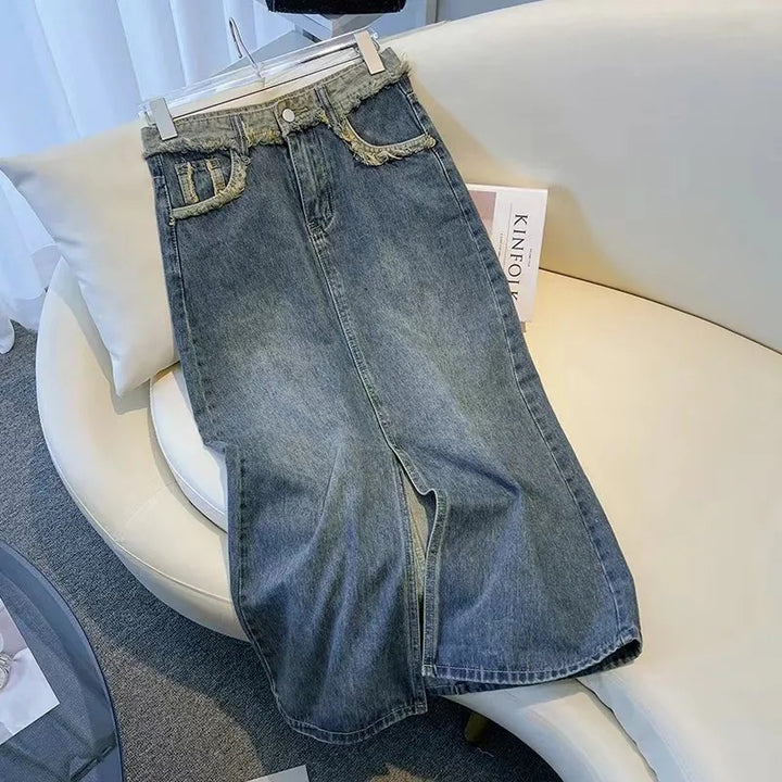 Kvinne Stilig Denim Midi Skjørt med Frontsplitt Skjora