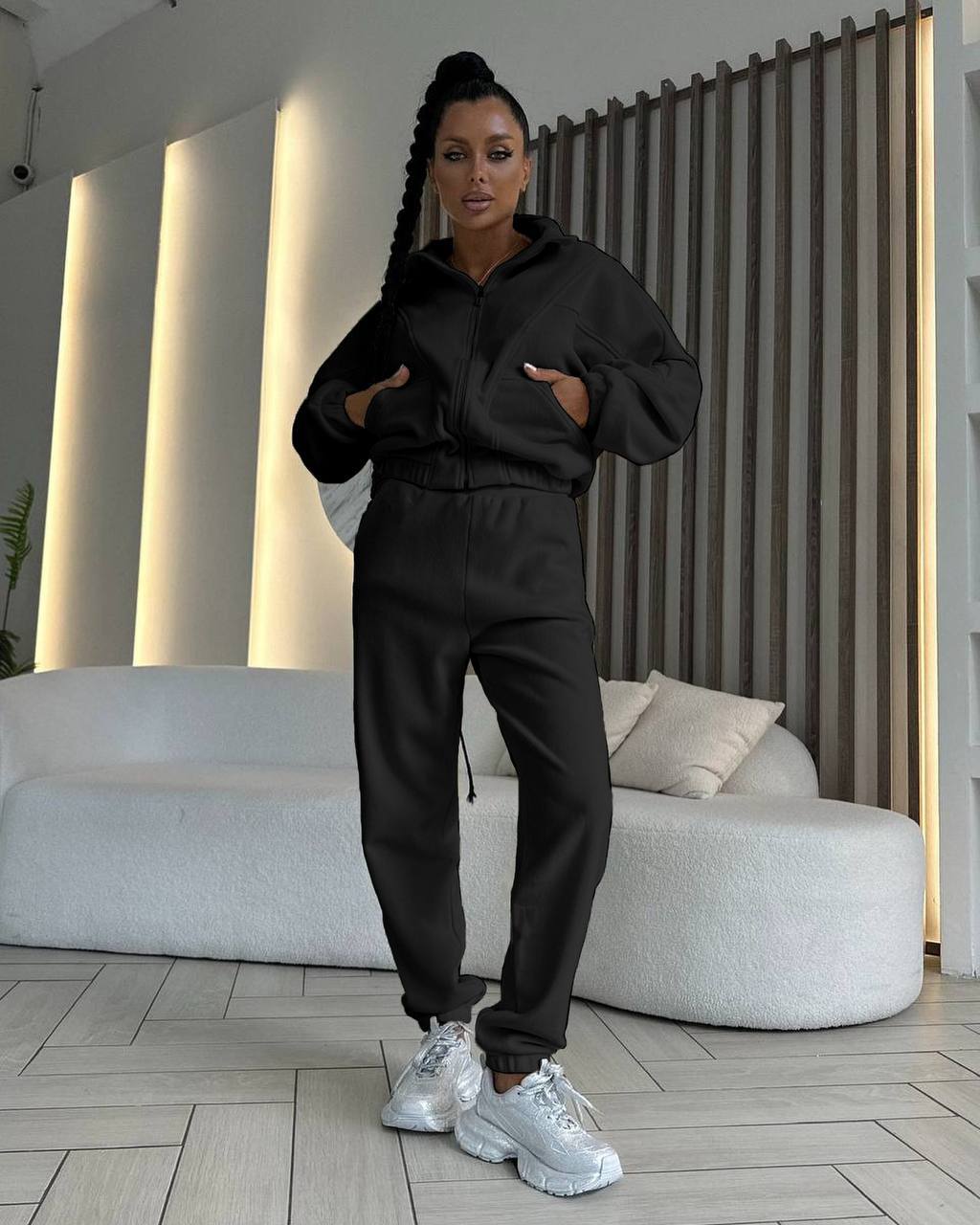 Dame sporty fleece joggedress med hette og lommer Skjora