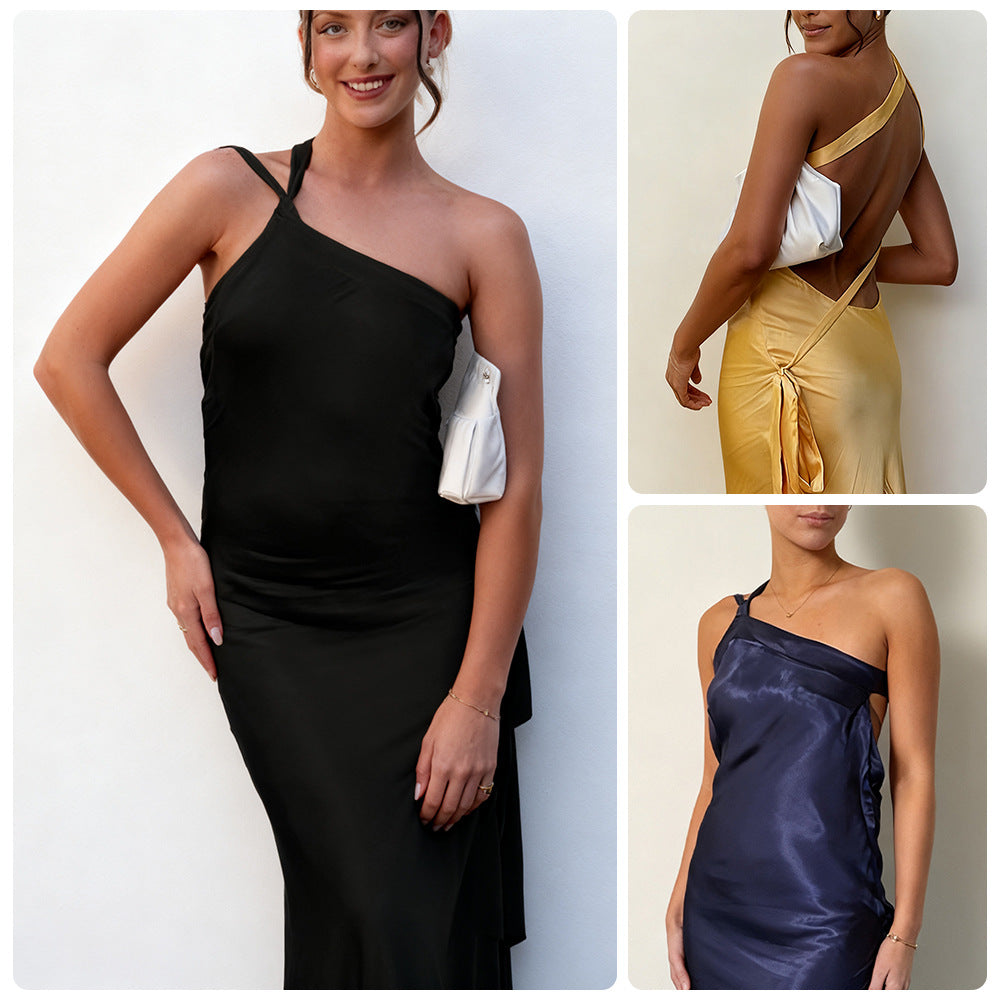 Dame elegant maxi kjole med asymmetrisk halterdesign og skimrende sateng Skjora