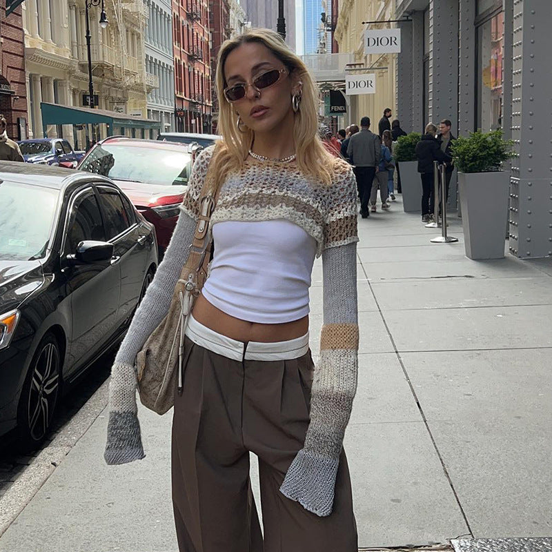 Damer heklede crop-top med lange ermer og fargerike striper Skjora