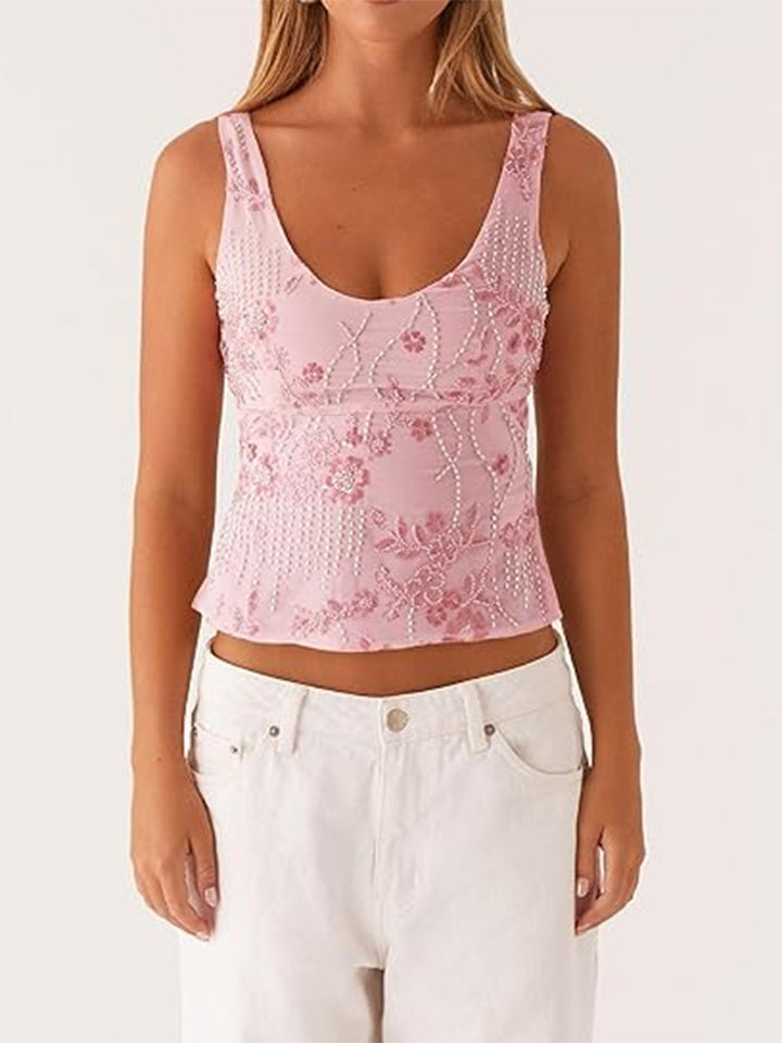 Damescouture topp med blomstret rhinestonesdesign og tettsittende snitt