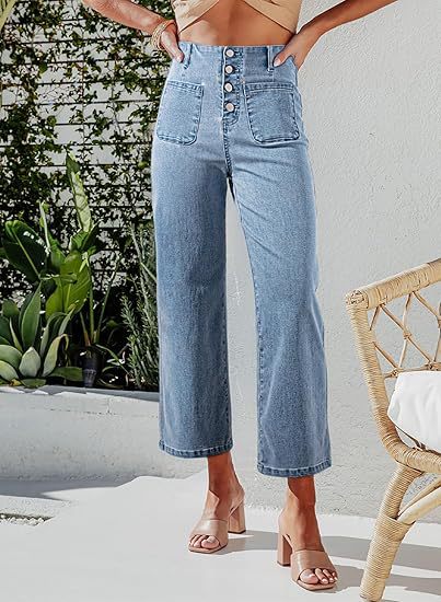 Damer høyhalsa jeans med knapppreget og vid ben Skjora