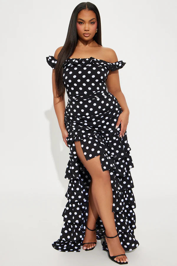 Dame Off-Shoulder Maxikjole med Volanger og spennende Slitt Skjora