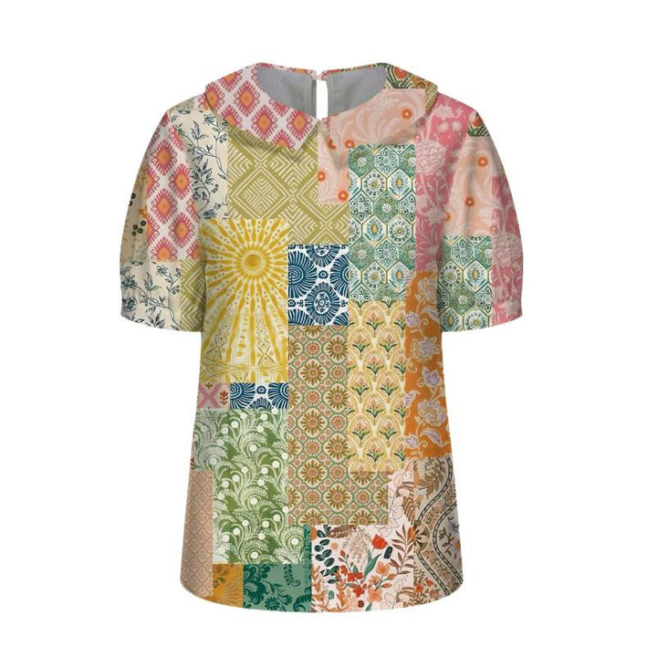 Dame kortermet bluse med florale accenter og klassisk krage Skjora
