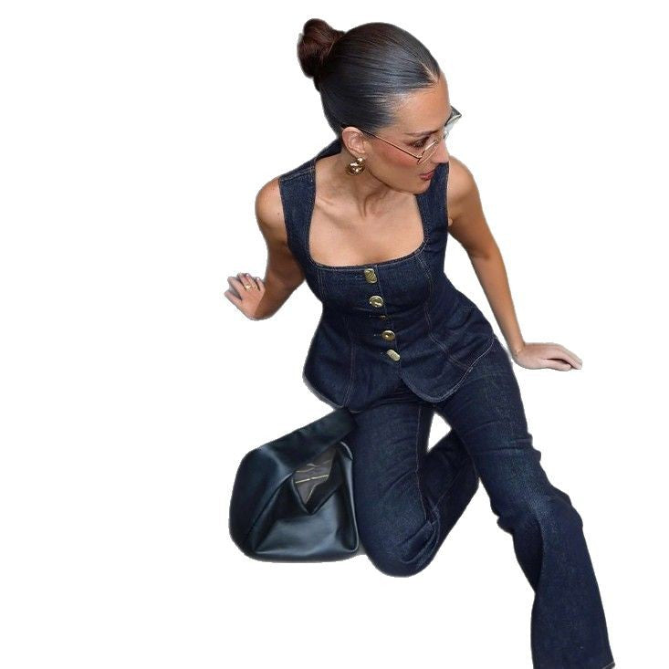 Dame Jeans-Overall med innsnørt silhuett og elegante knappedetaljer