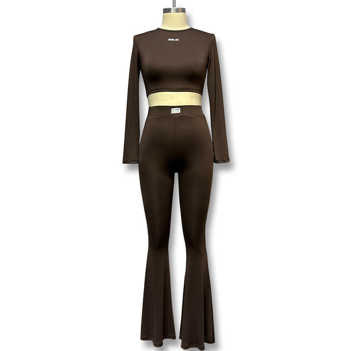 Dame Langerm Cropped Top og Flared Bukser Set Skjora