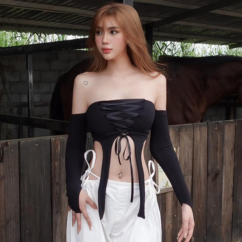 Dame elastisk Off-Shoulder topp med komplisert snøring Skjora